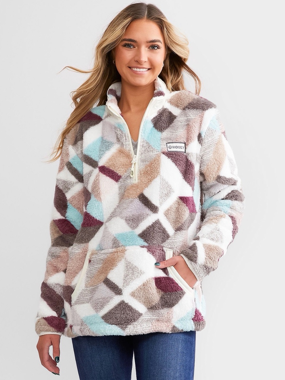 Hooey Fleece Quarter 1/4 Zip Cream Multicolor Geometric Pullover Large Women